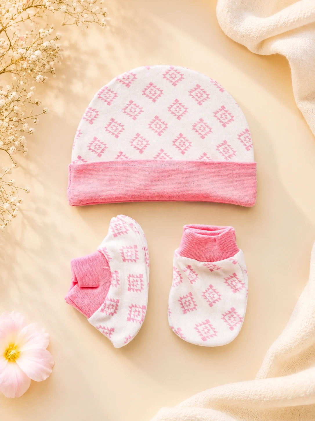 🧸 Cap, Mitten & Booties Set NB & 0-3 Month - Pink
