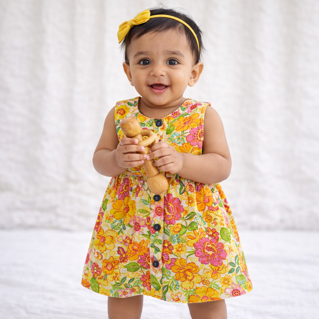 Organic Muslin Baby Frock for Girls - Double Layer Yellow print