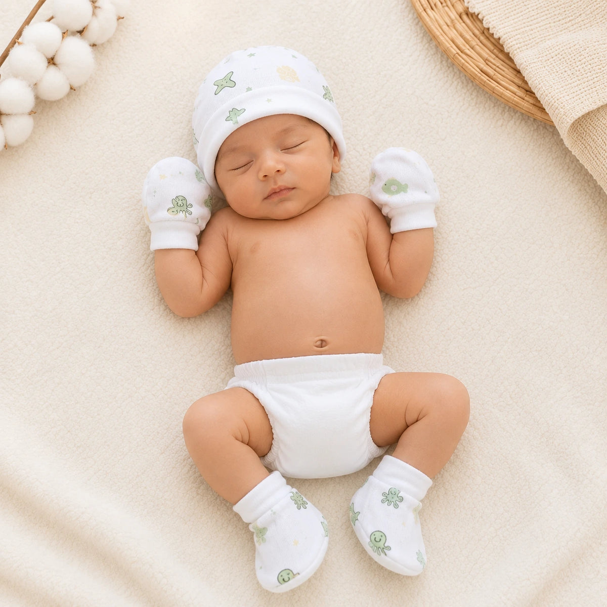 Muslin Cap, Mitten & Booties Set for Newborn - Jelly Fish Print
