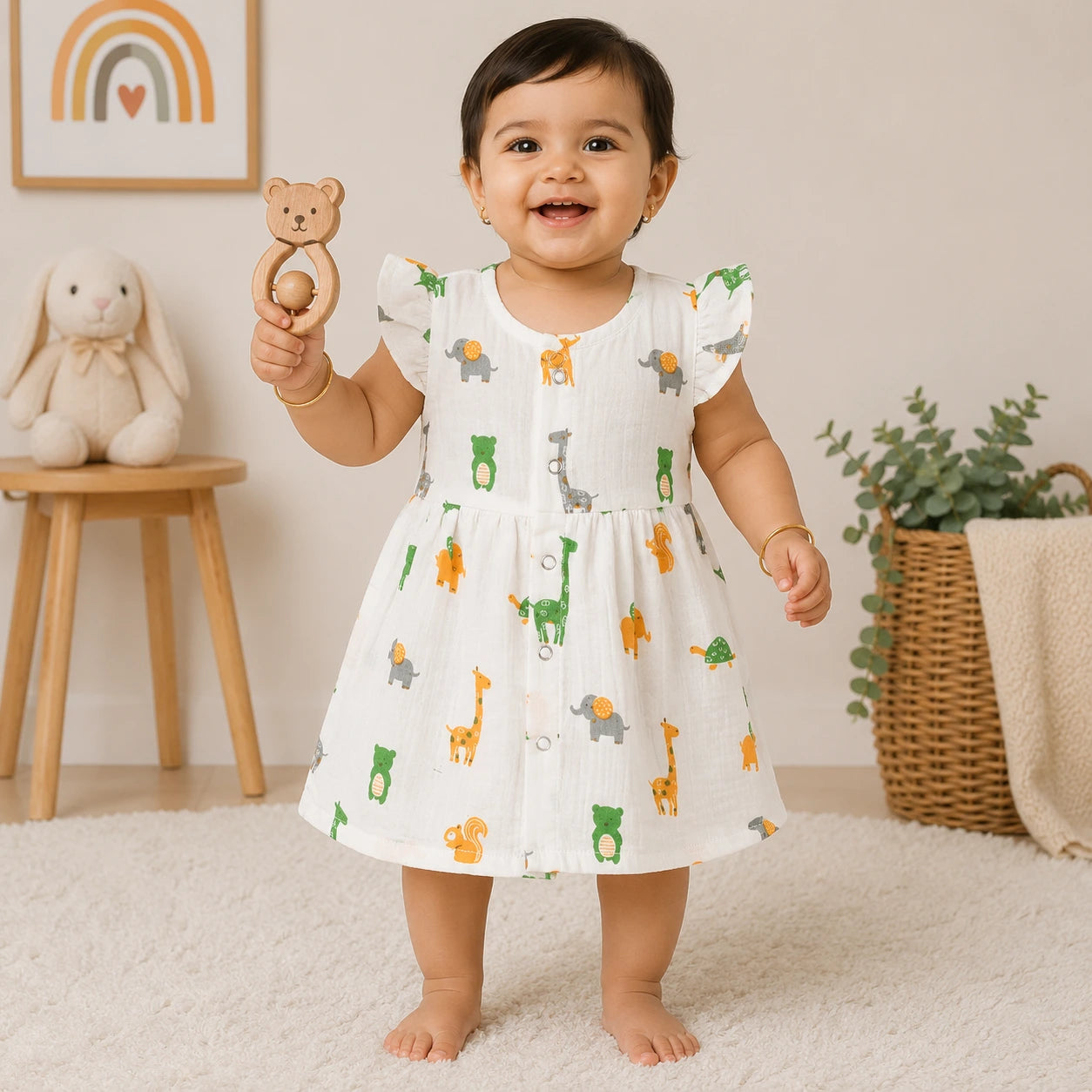 Muslin Cotton Baby Dress with Frill Sleeves | Elephant Print