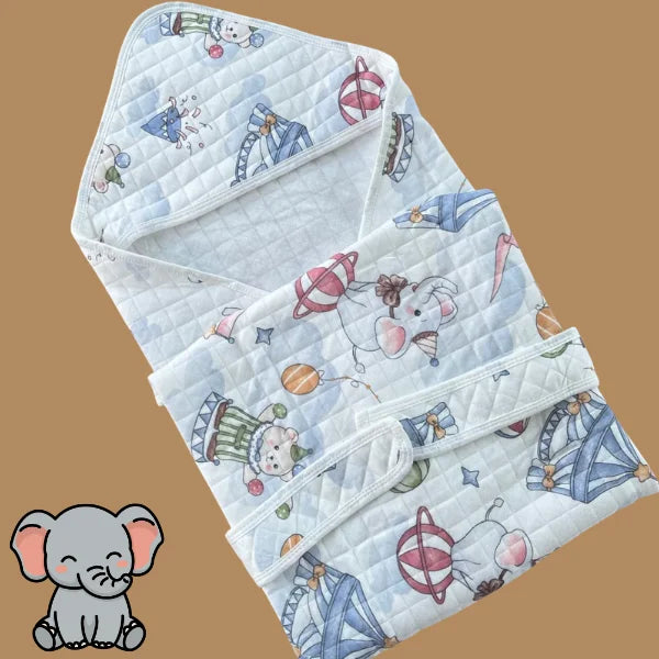 Muslin 2 Layer Crinkled Hooded Towel with Wrapper - Celebration Elephant
