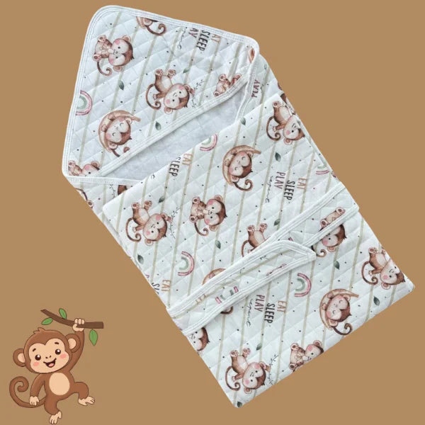 Muslin 2 Layer Crinkled Hooded Towel with Wrapper - Monkey