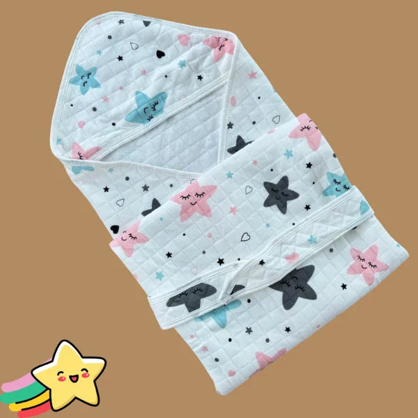 Muslin 2 Layer Crinkled Hooded Towel with Wrapper - Star