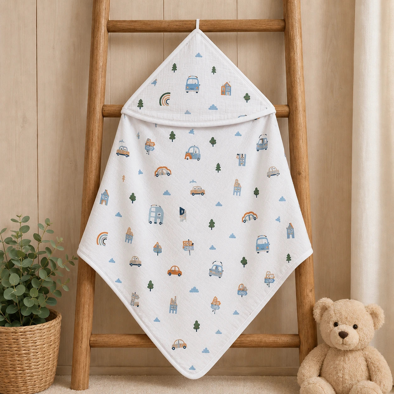 Double Layer Muslin Hooded Towel - Car Print
