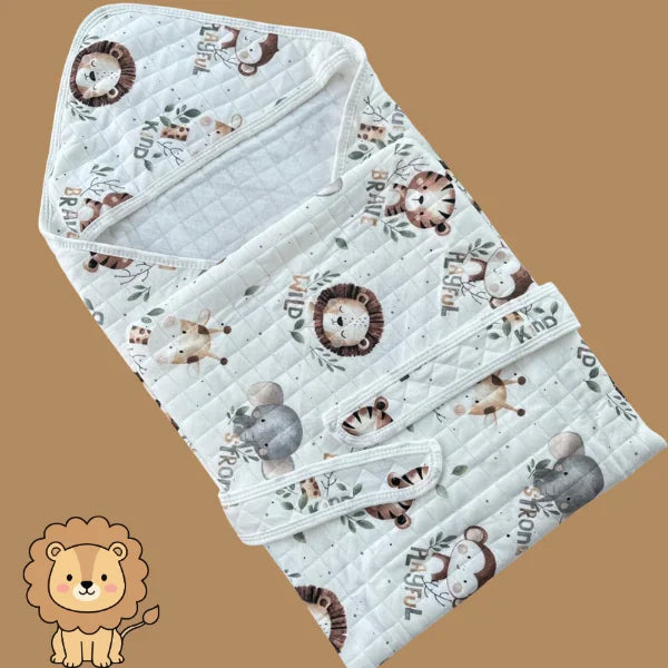 Muslin 2 Layer Crinkled Hooded Towel with Wrapper - Lion
