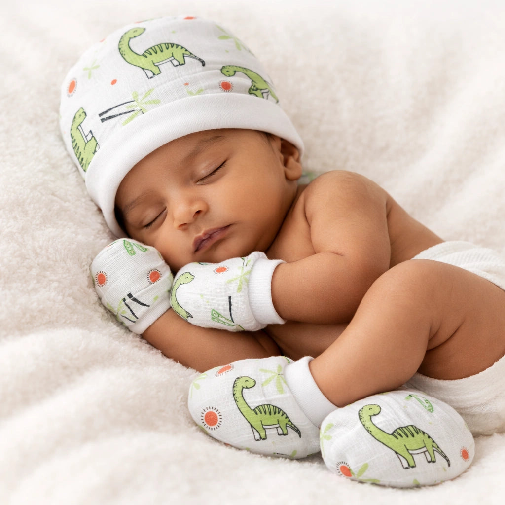 Muslin Cap, Mitten & Booties Set for Newborn - Dino