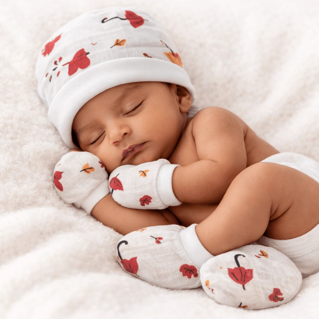 Muslin Cap, Mitten & Booties Set for Newborn - Umbrella Print