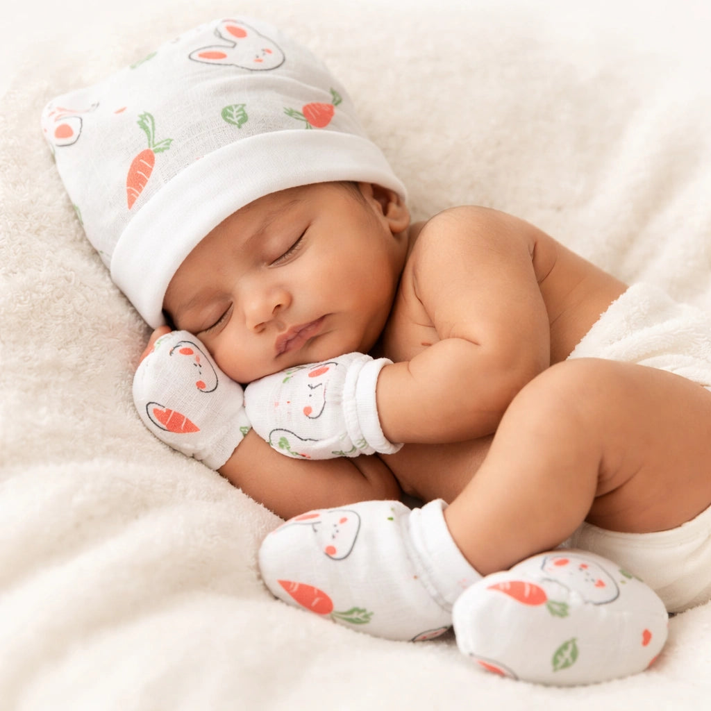 Muslin Cap, Mitten & Booties Set for Newborn - Carrot Rabbit