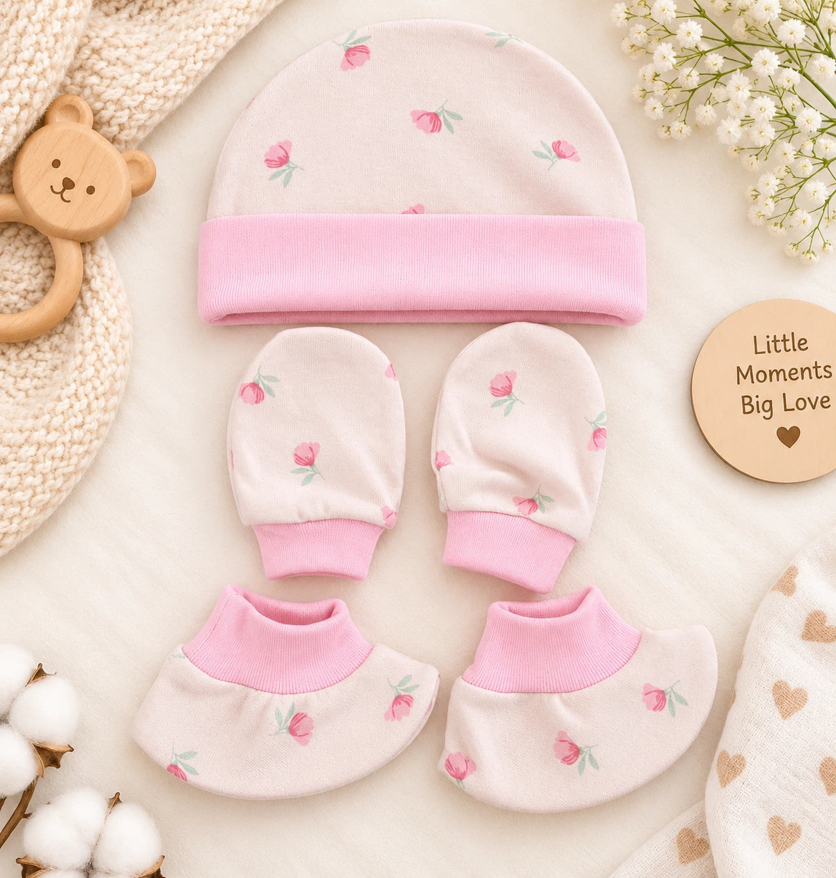 π§Έ Cap, Mitten & Booties Set NB & 0-3 Month - Strawberry