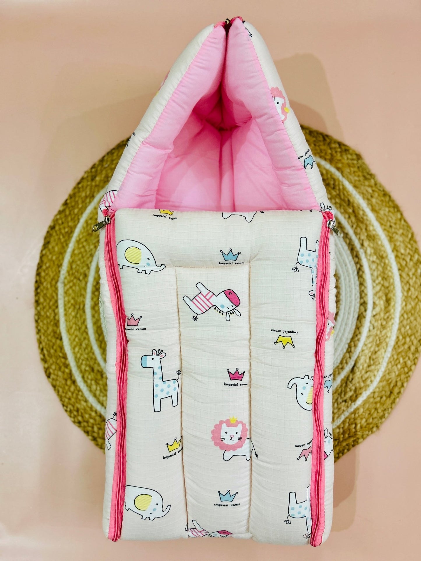 Baby Sleeping Bag & Carry Nest | 0–6 Months | Pink Animal - momndada