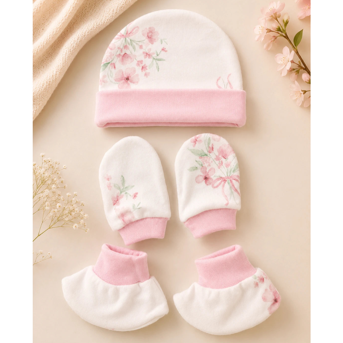 🧸 Cap, Mitten & Booties Set NB & 0-3 Month - Flower