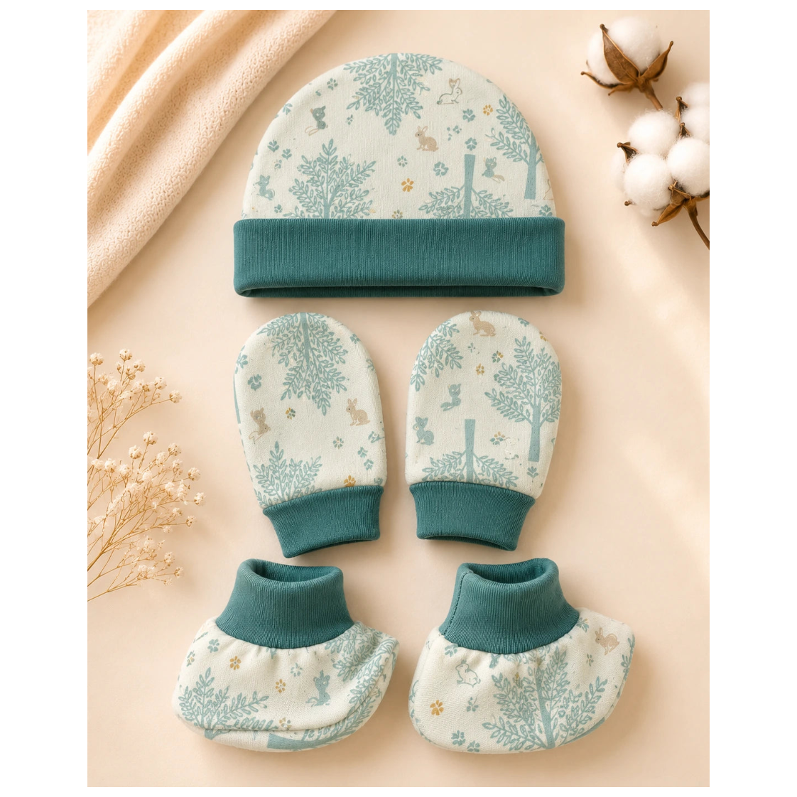 🧸 Cap, Mitten & Booties Set NB & 0-3 Month - Leaf