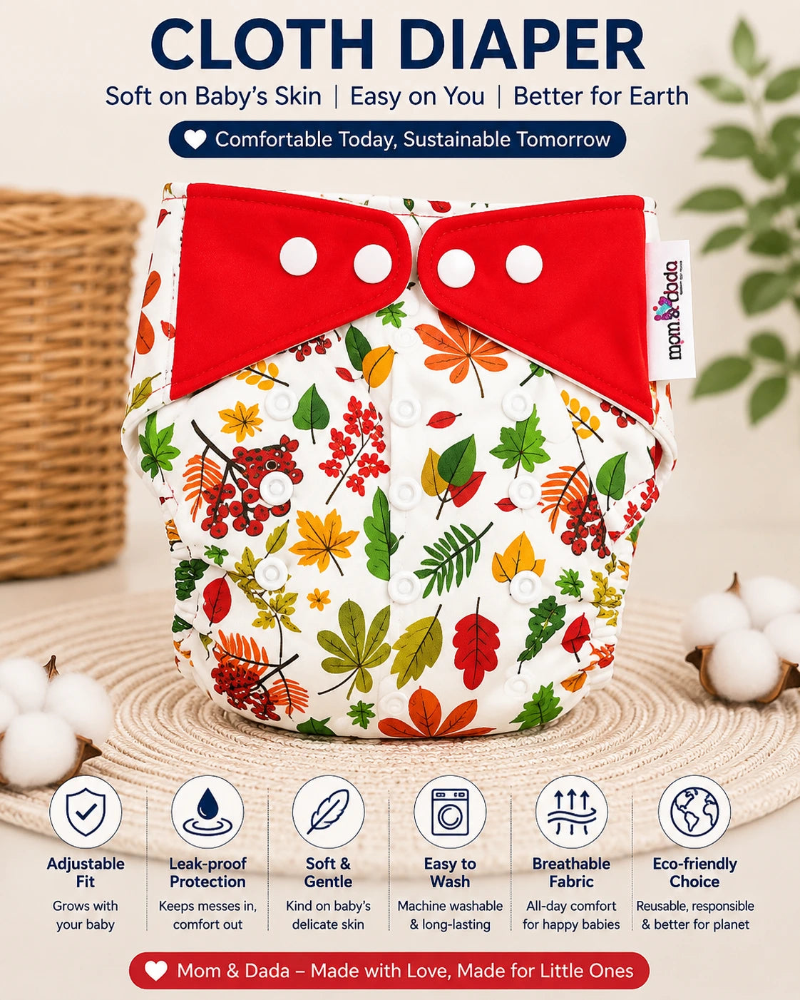 Reusable Cloth Diaper with free Insert Pad- Leaf Print