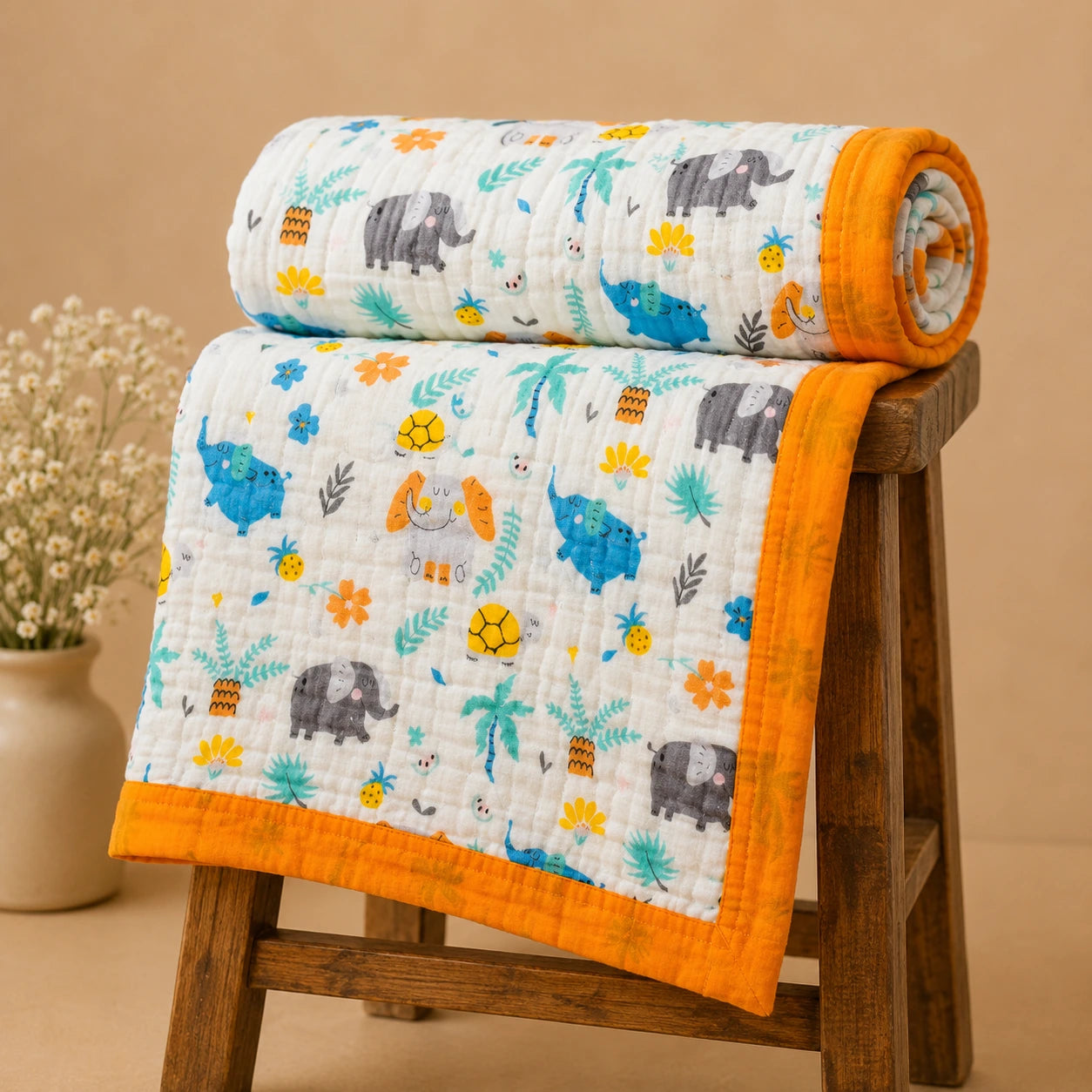 6 Layer Crinkled Muslin Blanket - Elephant