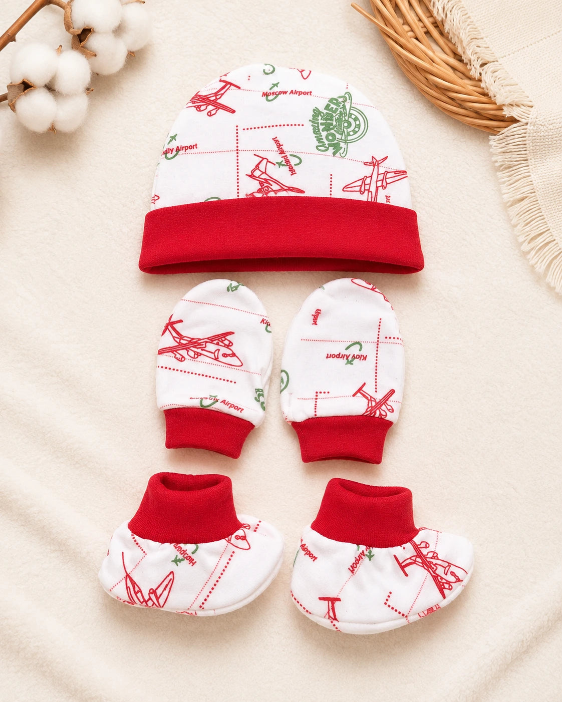 π§Έ Cap, Mitten & Booties Set NB & 0-3 Month - Red
