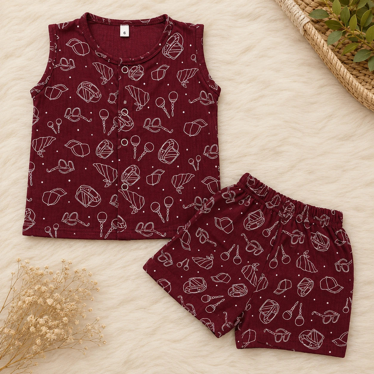 Muslin Sleeveless Colour Co-ord Set - Maroon colour
