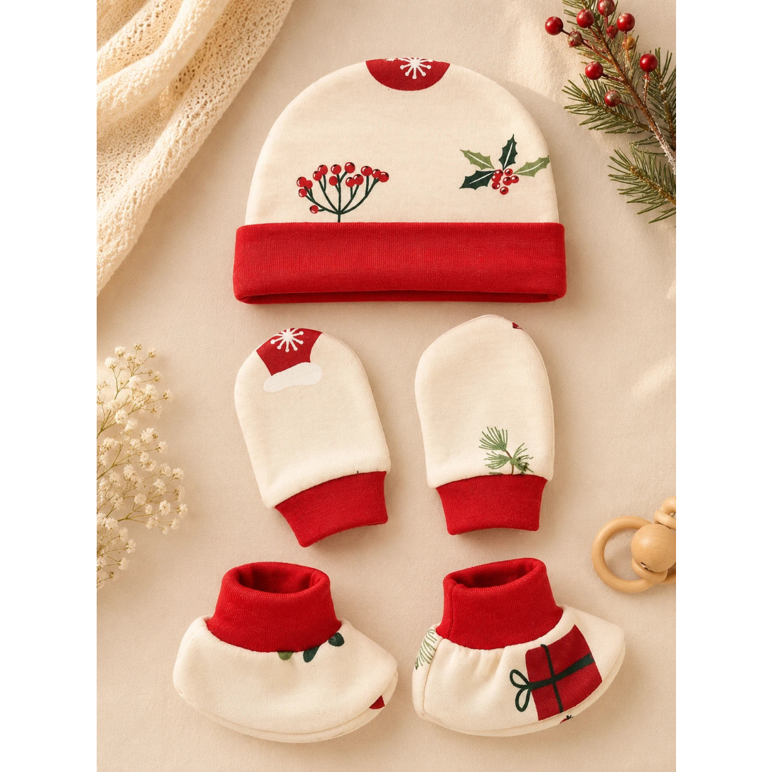 🧸 Cap, Mitten & Booties Set NB & 0-3 Month - Red