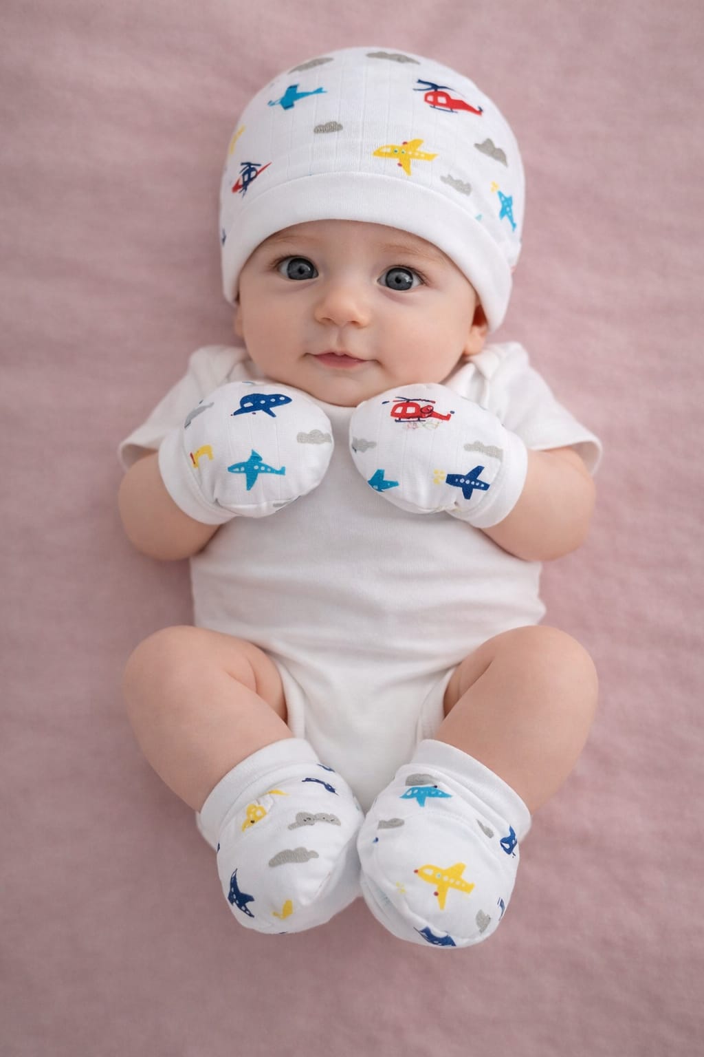Muslin Cap, Mitten & Booties Set for Newborn - Aeroplane Print - momndada