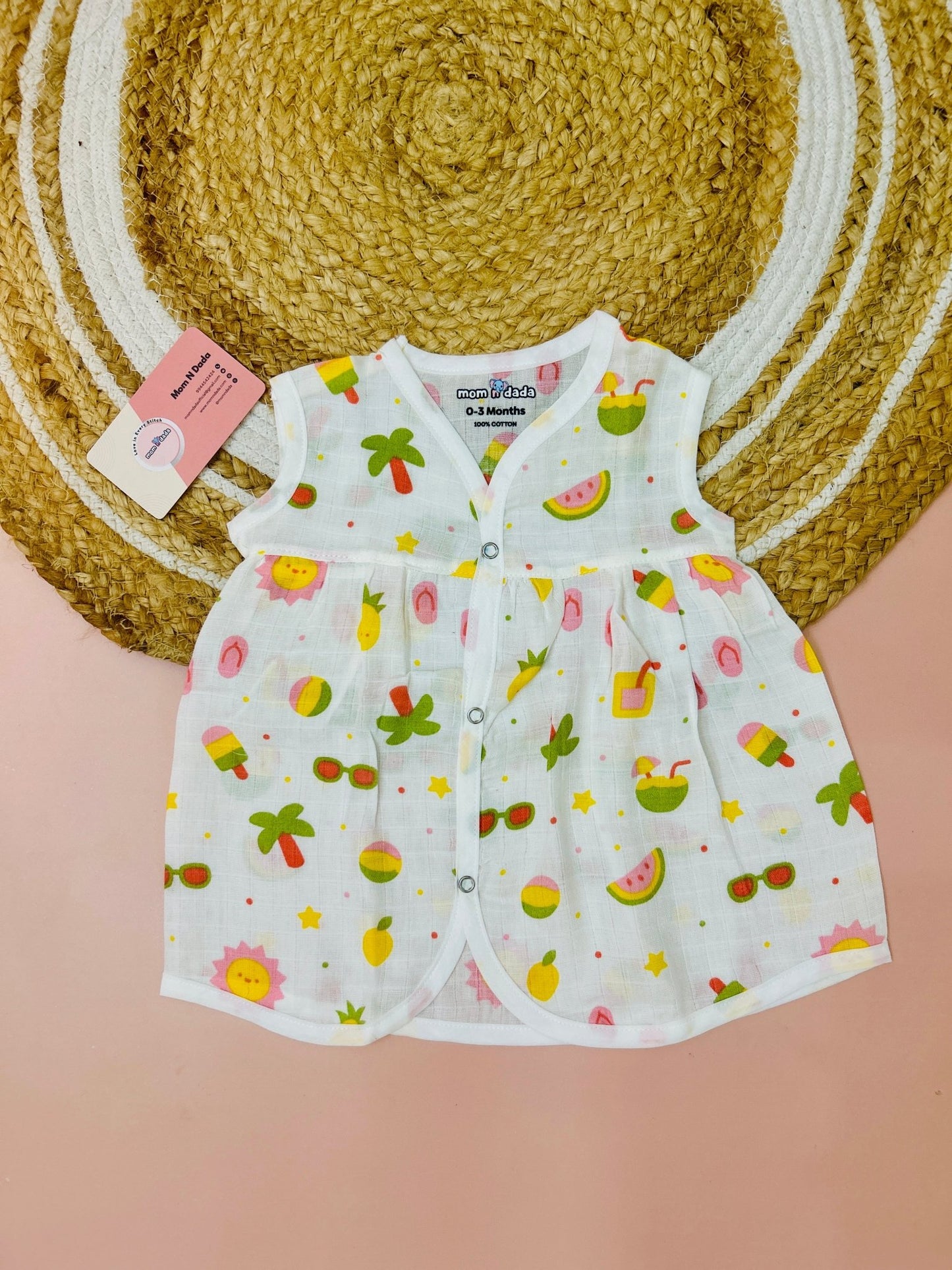 Muslin Chest Cut Frock - Coconut Tree Print - momndada