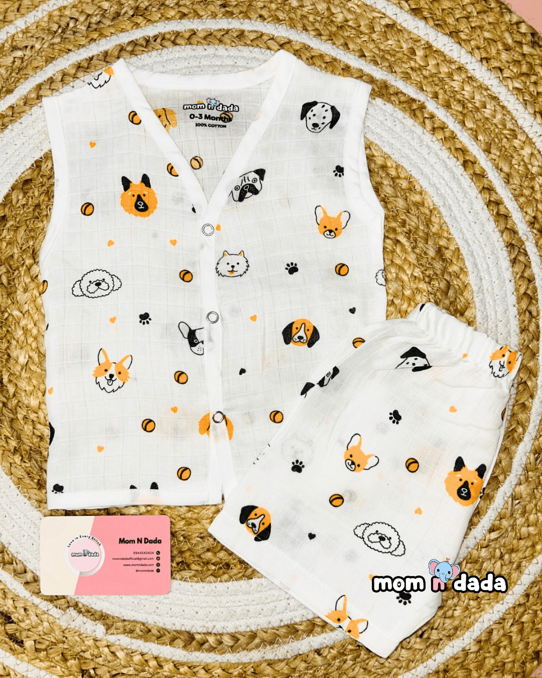 Muslin Sleeveless Co - ord Set - Dog Print - momndada