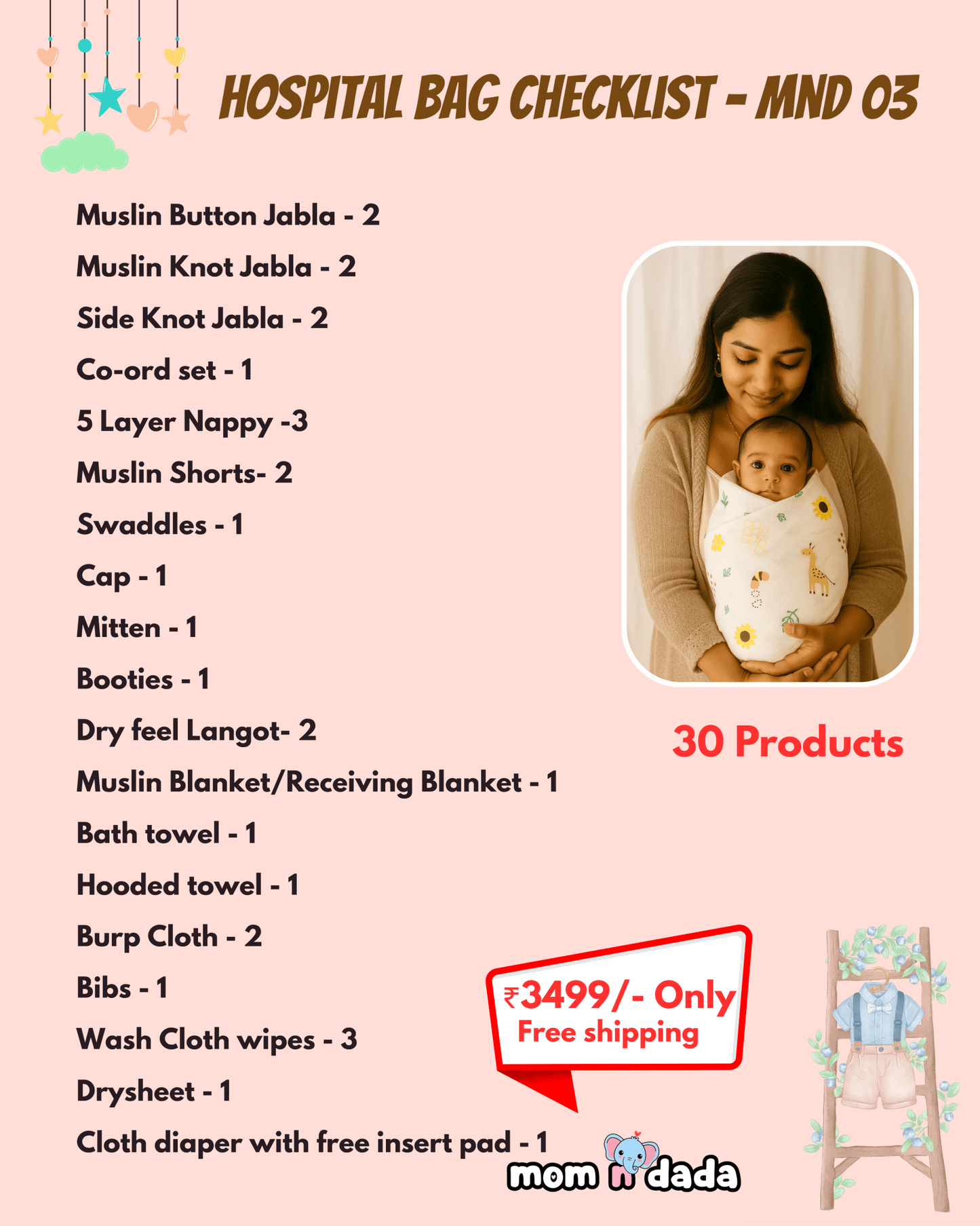 Newborn Hospital Bag Kit | 30 Essential Items | Organic Muslin - momndada