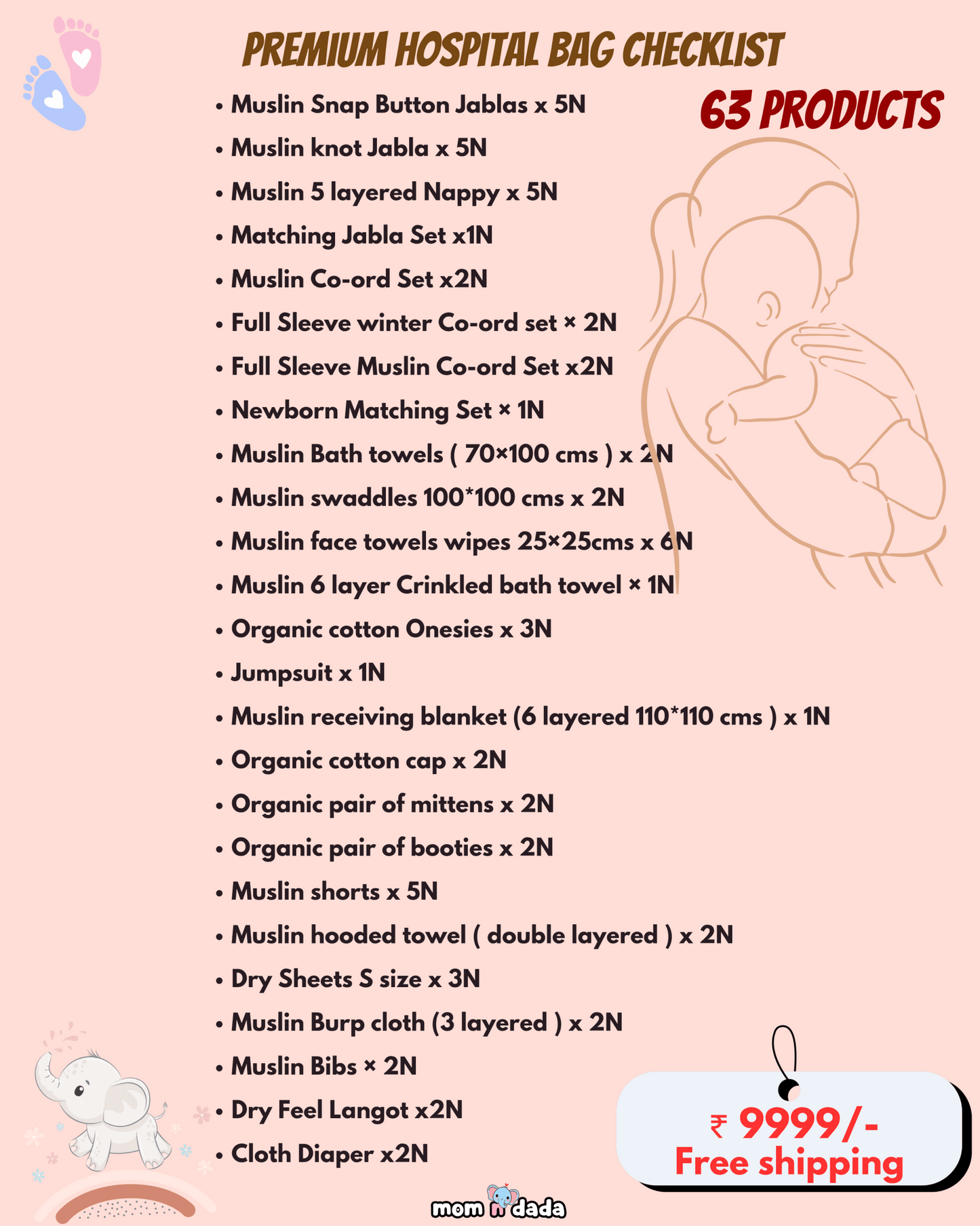 Newborn Hospital Bag Kit | 63 Essential Items | Organic Muslin - momndada