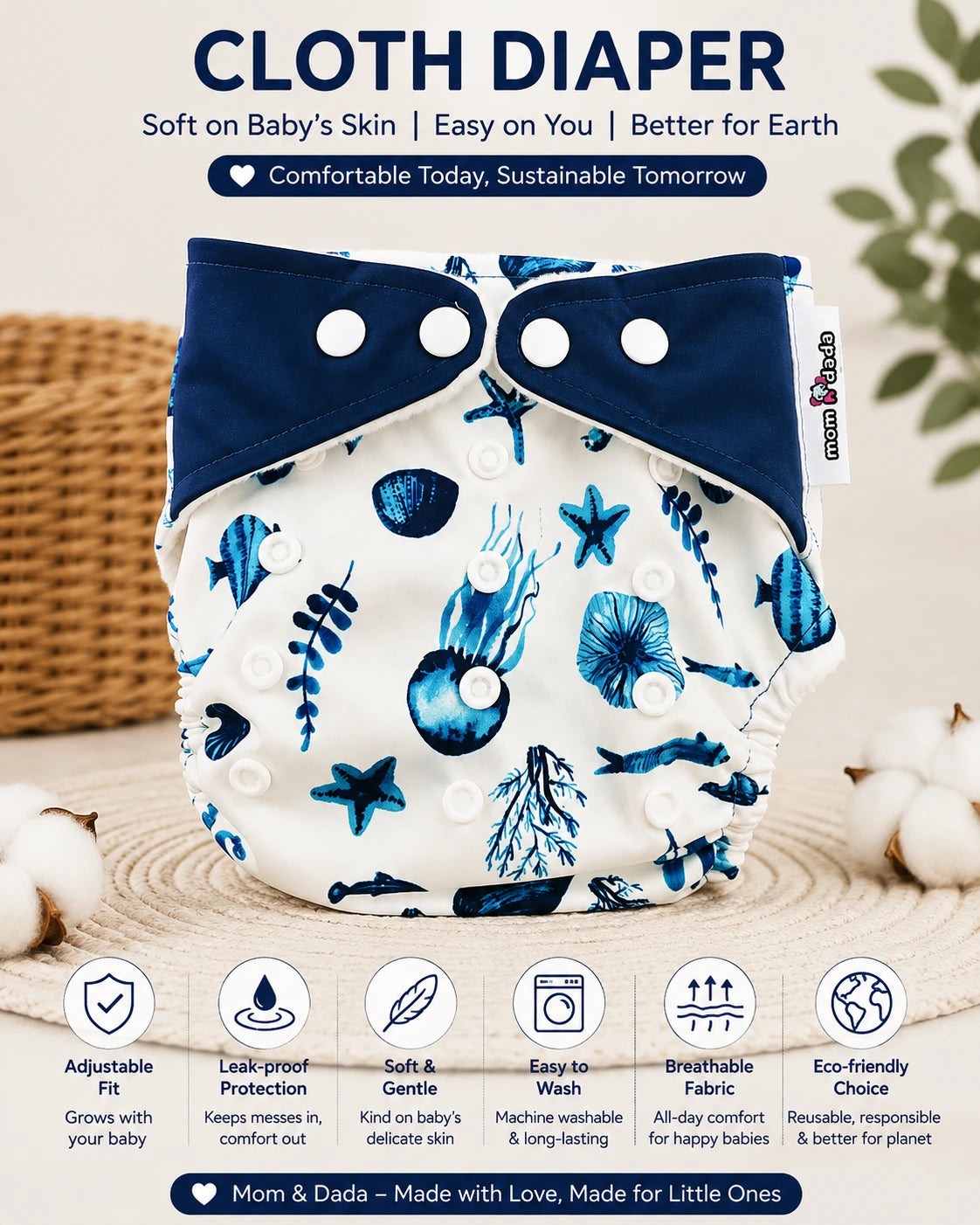 Reusable Cloth Diaper with free Insert Pad- Jelly Fish Print