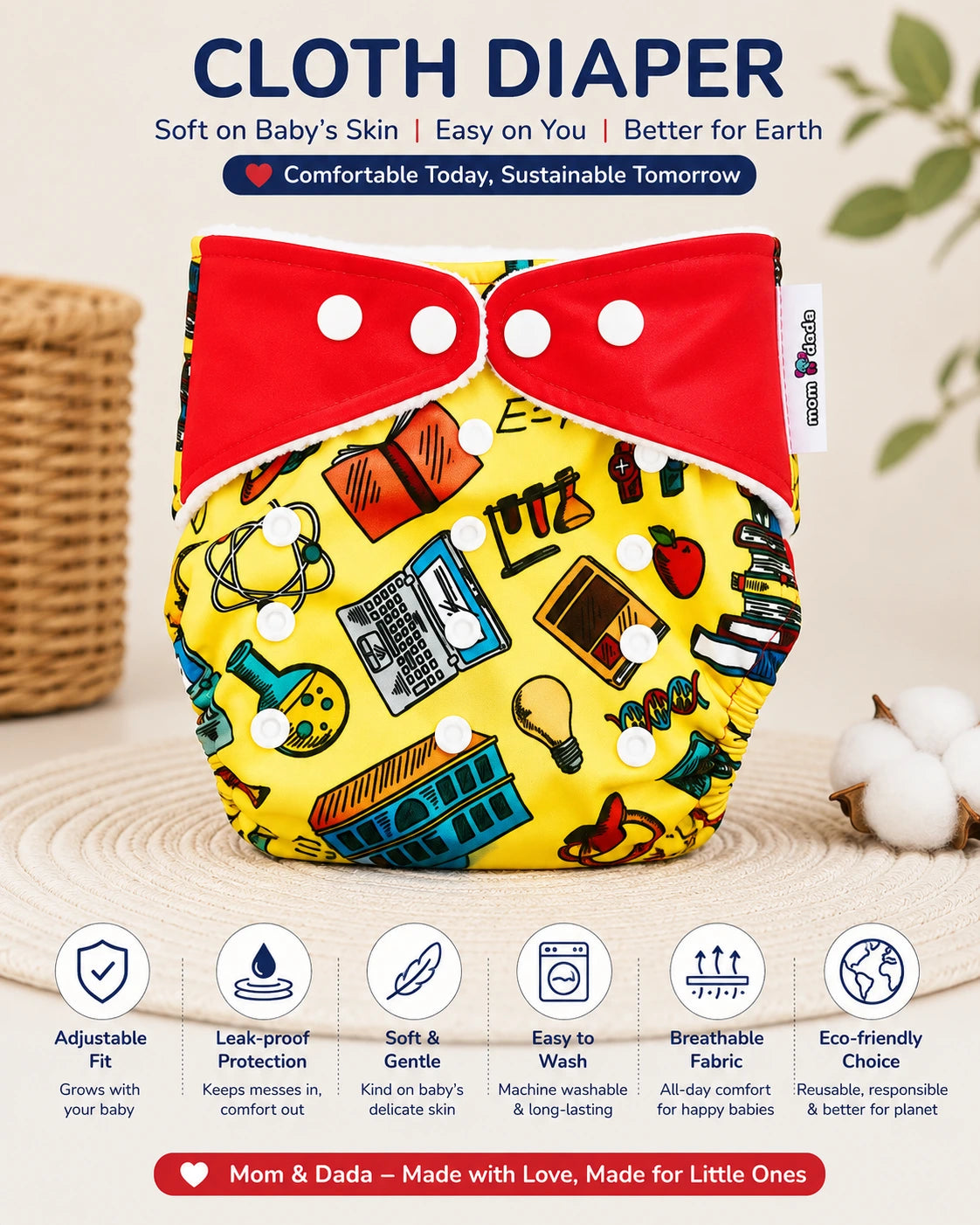 Reusable Cloth Diaper with free Insert Pad- Scientific Print