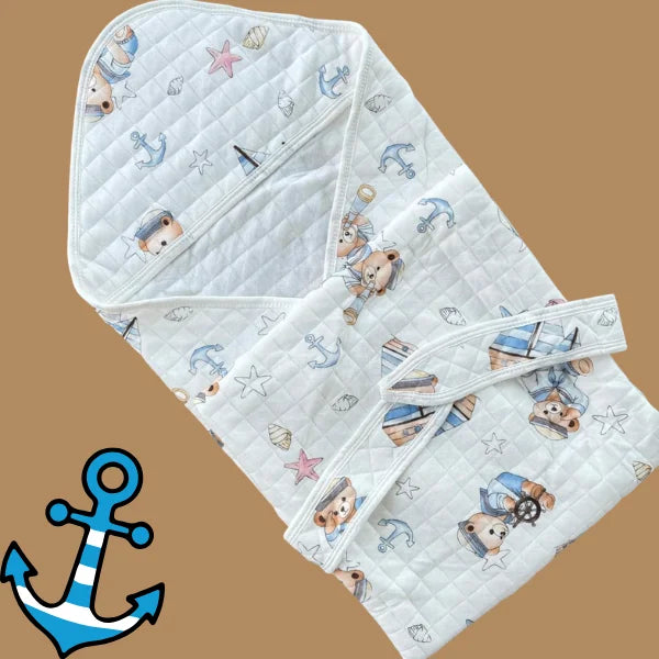 Muslin 2 Layer Crinkled Hooded Towel with Wrapper - Anchor