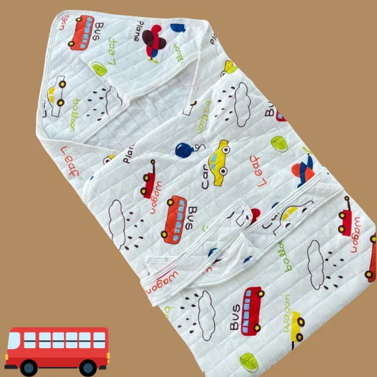 Muslin 2 Layer Crinkled Hooded Towel with Wrapper - Bus
