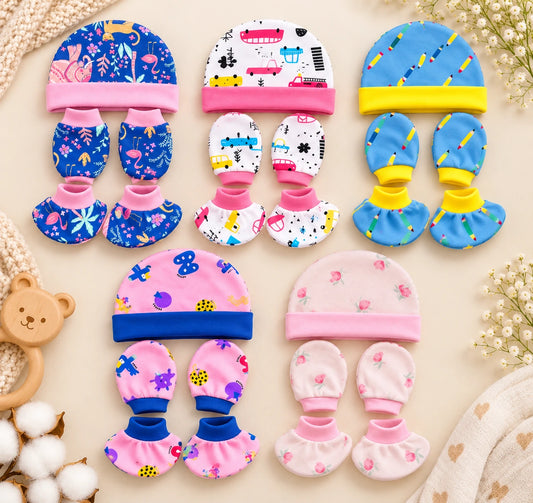 🧸 Cap, Mitten & Booties Set NB & 0-3 Month - Pack of 5 (Assorted)