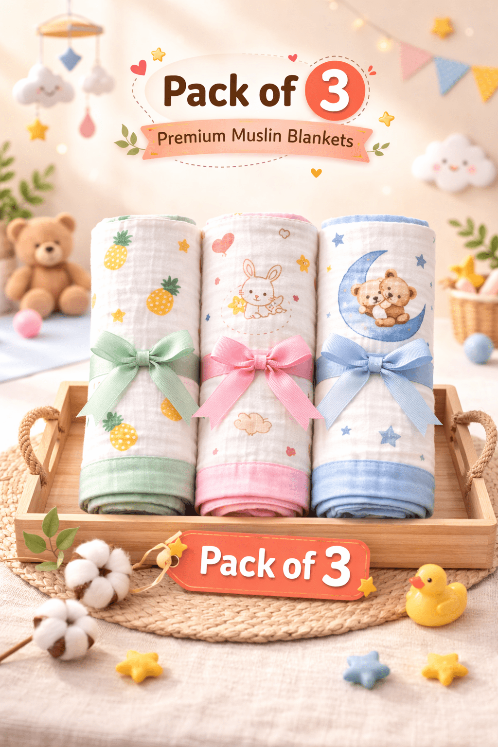 6 Layer Muslin Blanket - Pack of 3 (Assorted) - momndada