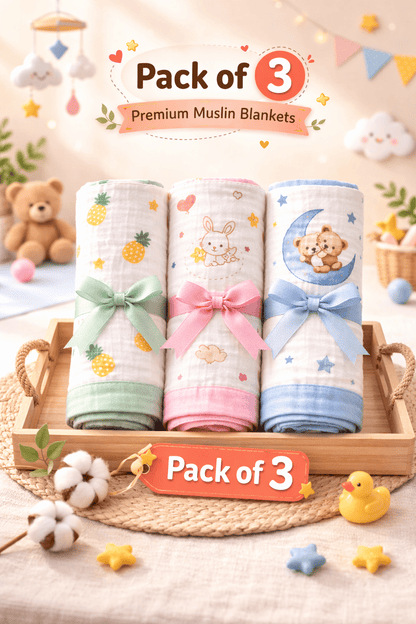 6 Layer Muslin Blanket - Pack of 3 (Assorted) - momndada