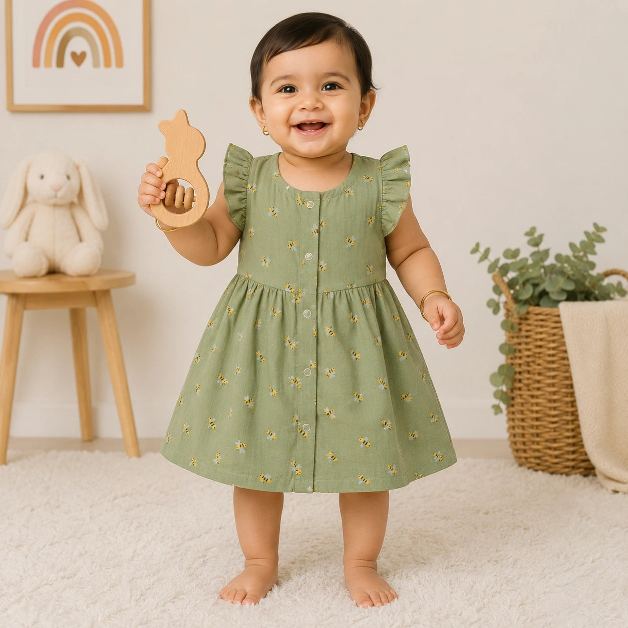 Muslin Cotton Baby Dress with Frill Sleeves | Bee print