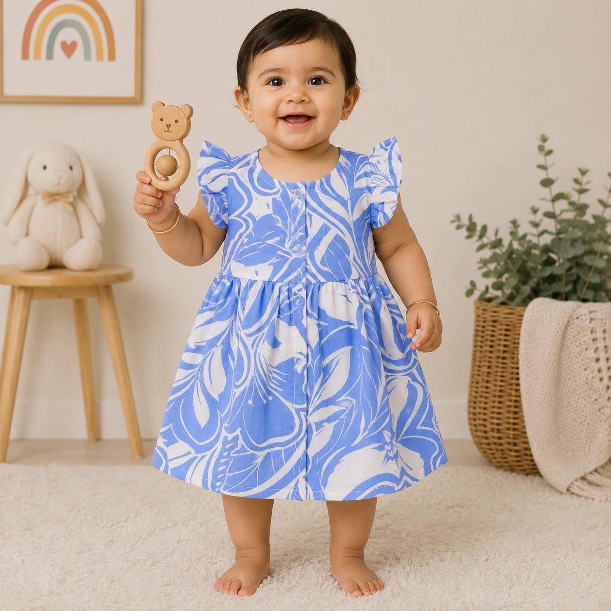 Muslin Cotton Baby Dress with Frill Sleeves |  Blue