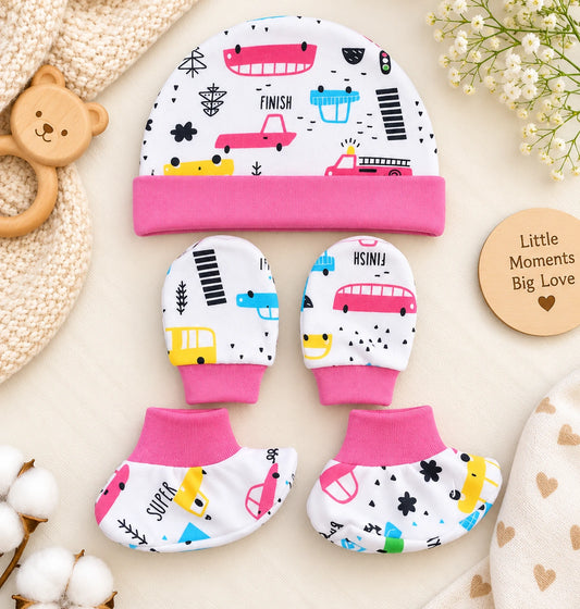 🧸 Cap, Mitten & Booties Set NB & 0-3 Month - Bus