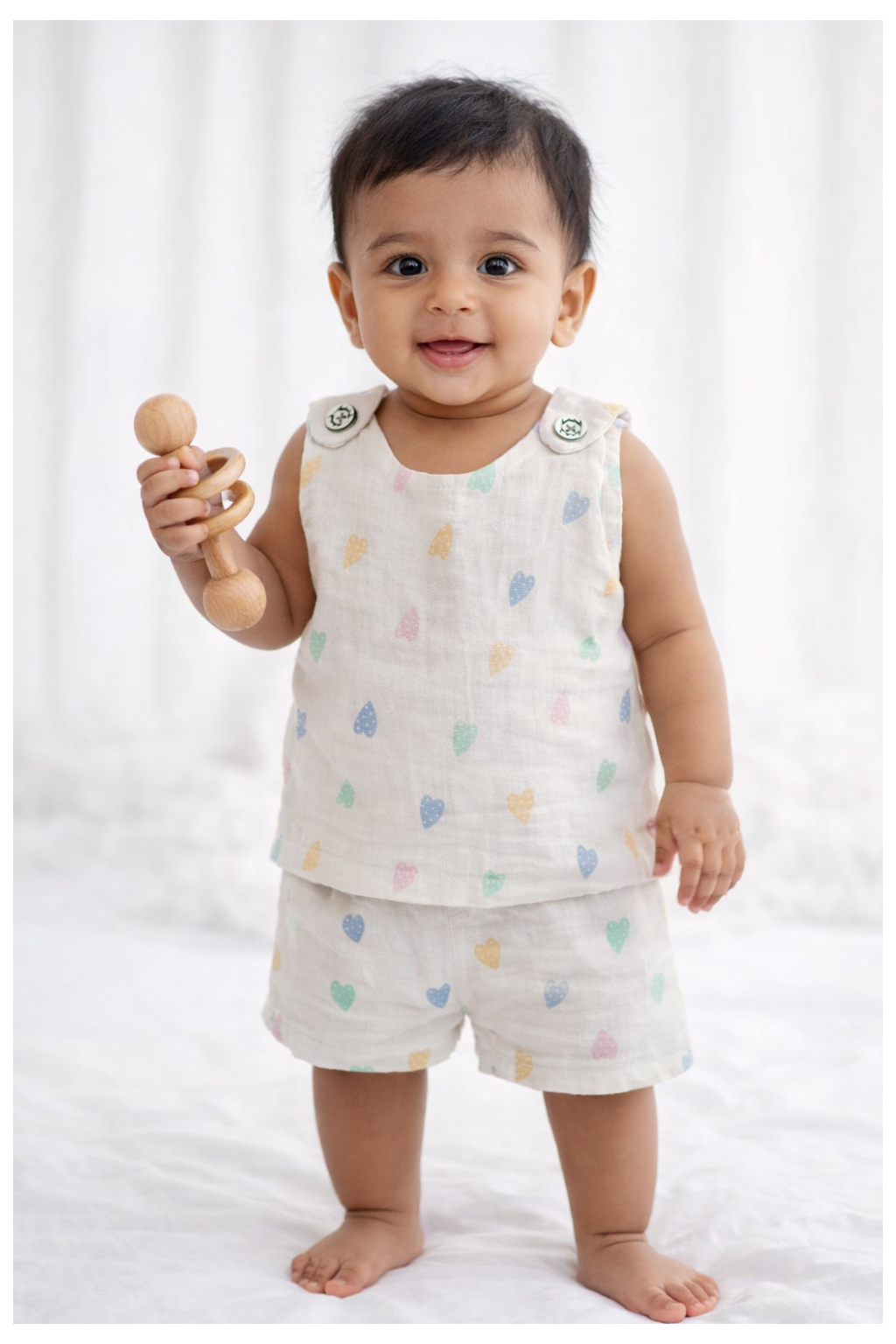 Double Layer Muslin Vest and Trouser Set - Pastel Heart Print