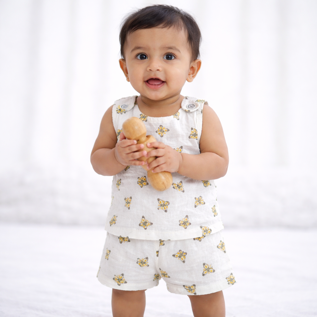 Double Layer Muslin Vest and Trouser Set - Butterfly Print