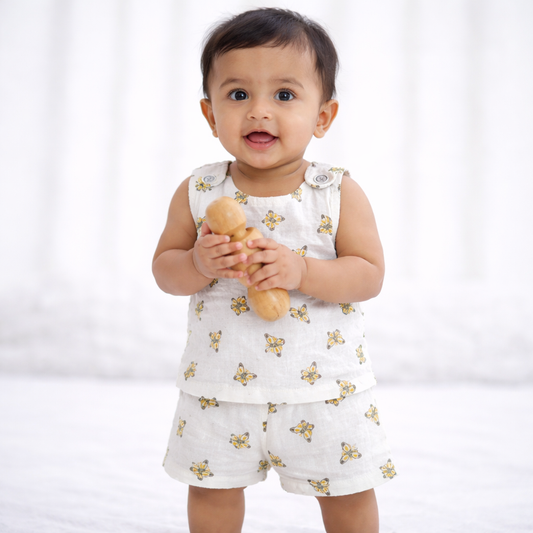 Double Layer Muslin Vest and Trouser Set - Butterfly Print