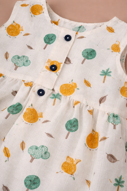 Organic Muslin Baby Frock for Girls - Double Layer leafs Print
