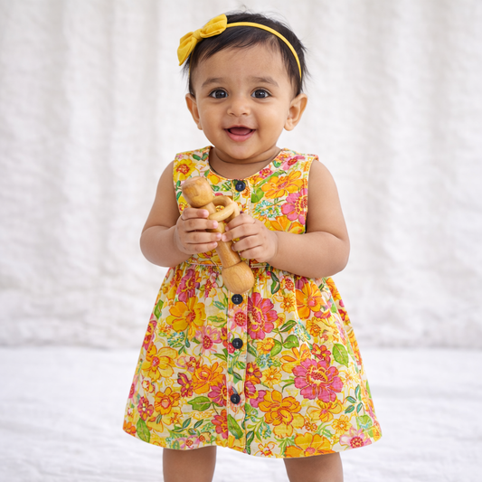 Organic Muslin Baby Frock for Girls - Double Layer Yellow print