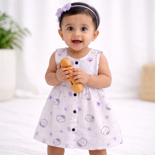 Organic Muslin Baby Frock for Girls - Double Layer Purple Print