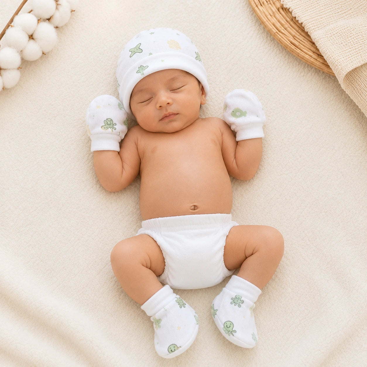 Muslin Cap, Mitten & Booties Set for Newborn - Jelly Fish Print