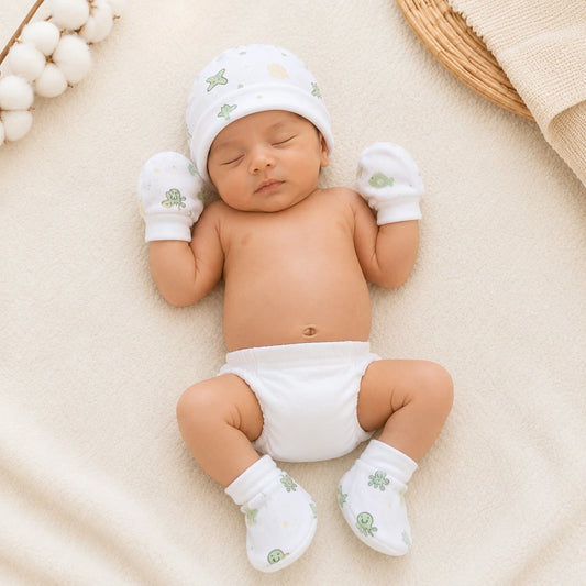 Muslin Cap, Mitten & Booties Set for Newborn - Jelly Fish Print