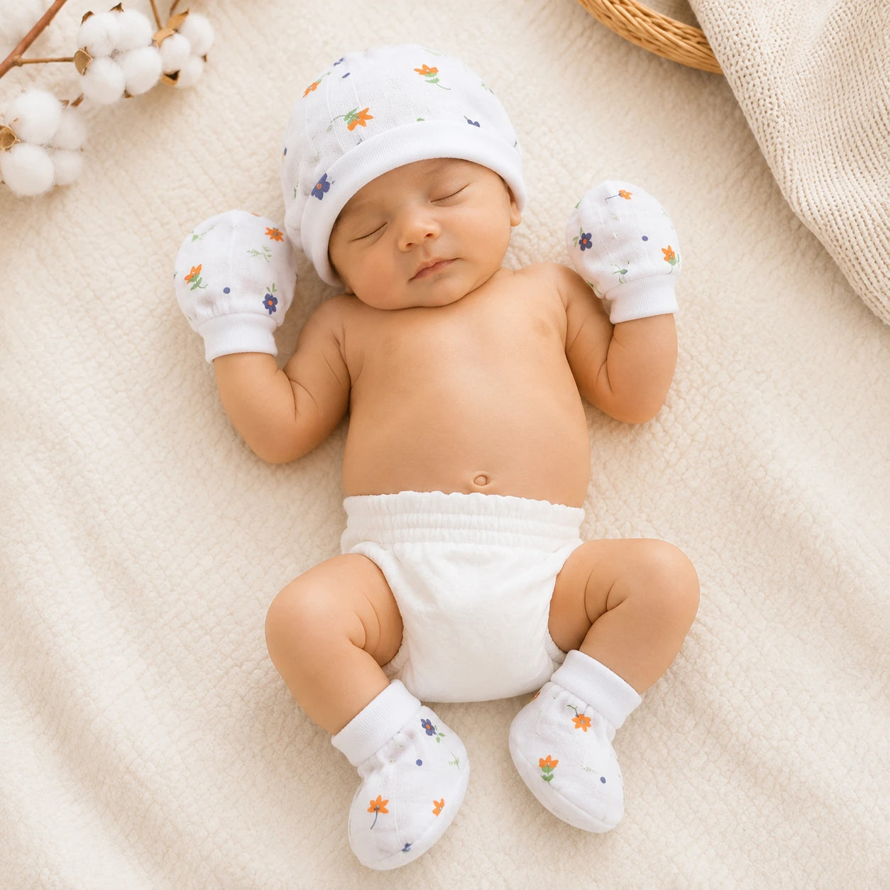 Muslin Cap, Mitten & Booties Set for Newborn -  Flower Print