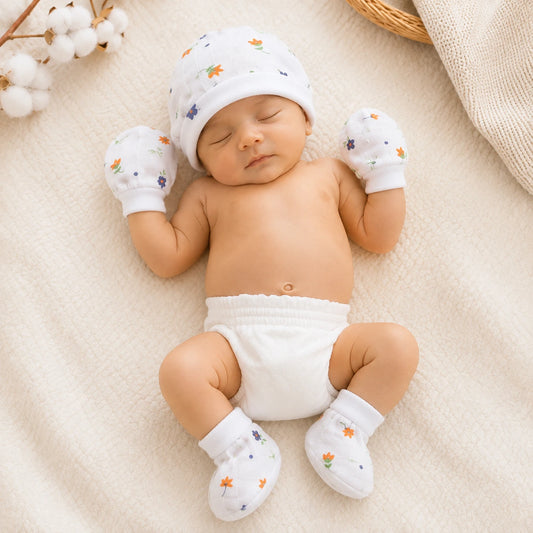 Muslin Cap, Mitten & Booties Set for Newborn -  Flower Print