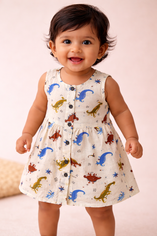 Organic Muslin Baby Frock for Girls - Double Layer Dino Print