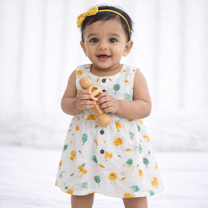 Organic Muslin Baby Frock for Girls - Double Layer leafs Print