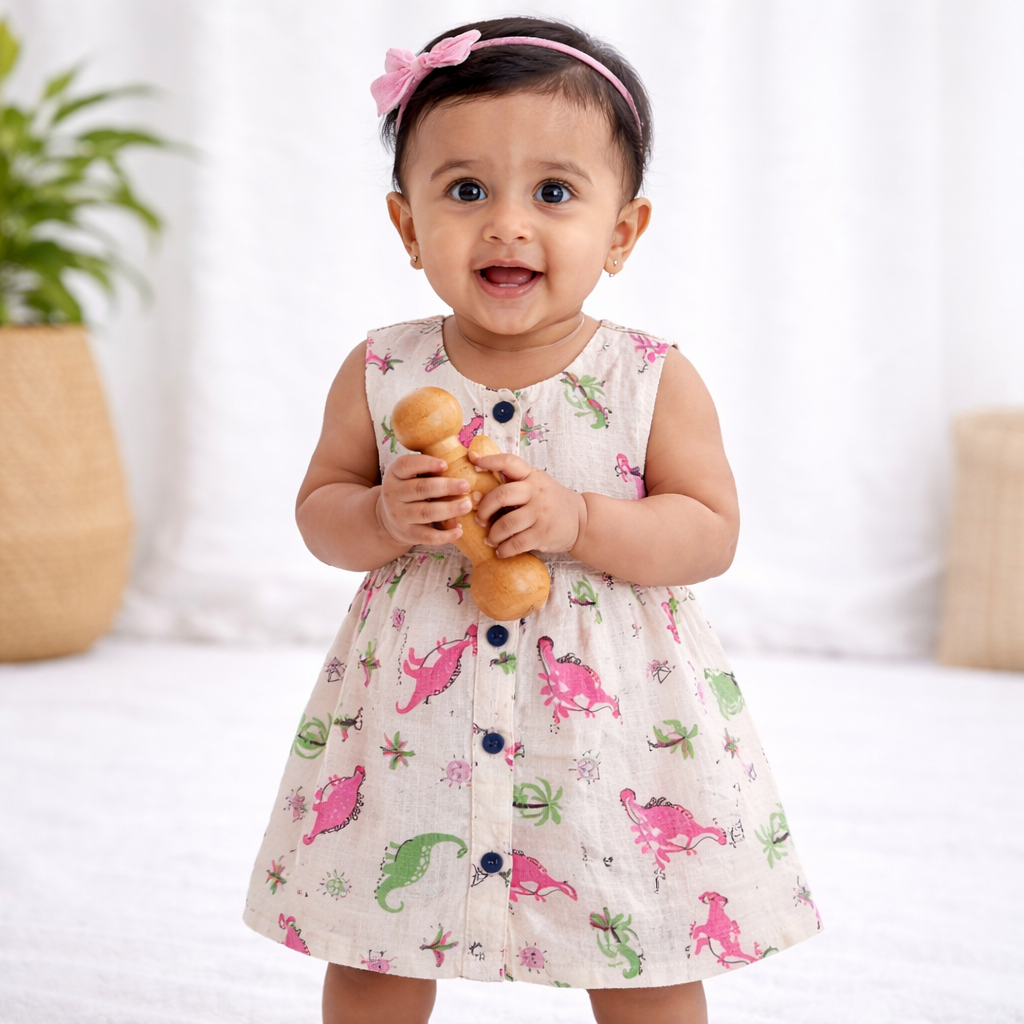 Organic Muslin Baby Frock for Girls - Double Layer Dino print