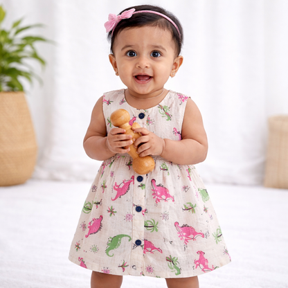 Organic Muslin Baby Frock for Girls - Double Layer Dino print